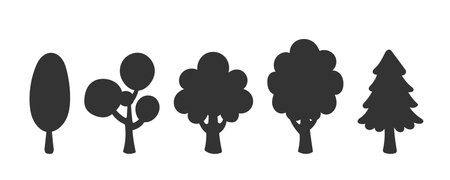 Tree silhouette collection. Black vector trees with diverse shapes and distinctive branching structure.のイラスト素材