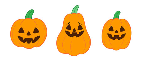 Smiling pumpkins with blush. Cartoon-style orange pumpkins in cute style for fall and Halloween themes.のイラスト素材