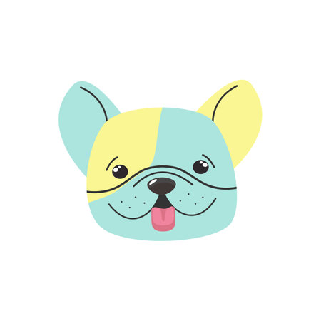 Pastel cartoon French Bulldog face â cute vector with yellow and blue color combinations, playful vector for kids and pet designsのイラスト素材