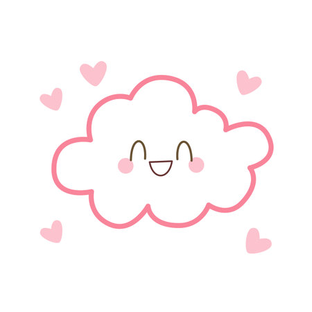 Adorable pink cloud face with hearts in cute cartoon design. Perfect for love-themed projects, sweet character sets, and vector prints.のイラスト素材