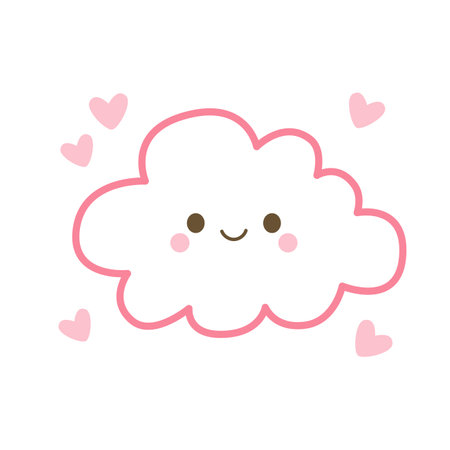 Cartoon-style pink cloud with rosy cheeks and floating hearts. Ideal for baby shower graphics, greeting cards, and kawaii illustrations.のイラスト素材