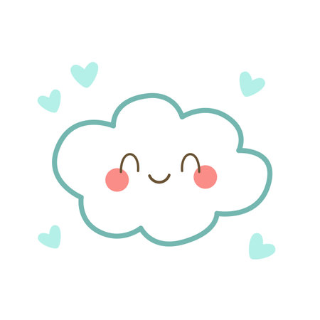 Smiling blue cloud with hearts and cheeks in flat vector.  Great for children's room decor, digital stickers, and playful art.のイラスト素材