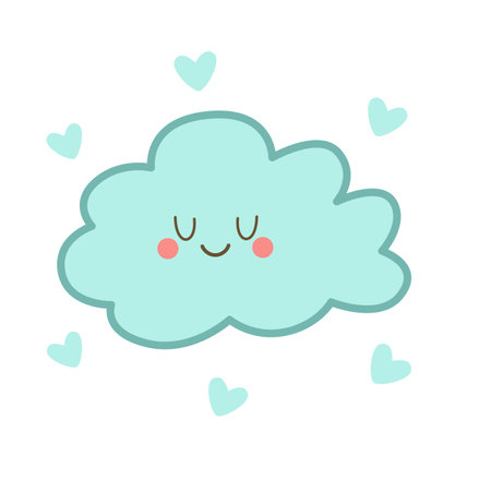 Happy blue cloud in kawaii cartoon style with heart elements.  Ideal for joyful nursery decor, pastel wallpapers, and cute graphics.のイラスト素材