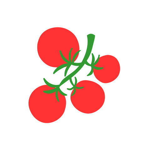 A vector illustration of simple illustration of a cluster of red tomatoes on a green vine. The design is clean and minimalistic, conveying a fresh and vibrant lookのイラスト素材