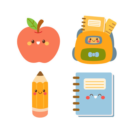 Vector set of happy school items: notebook, pencil, apple, and backpack.  Great for classroom decor, stationery, and playful educational projects.のイラスト素材