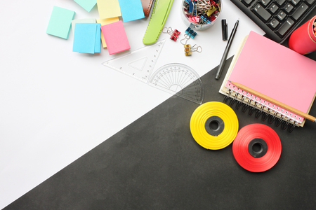 Top view creativity educational equipment and business on the desk black and white In the office and have copy space Ideas in your work.の写真素材
