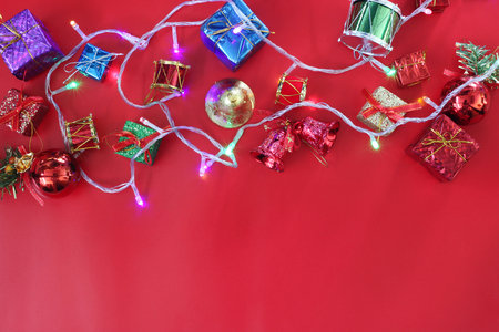 Christmas composition decoration on the red floor.Top view and have copy space to design for your.の写真素材