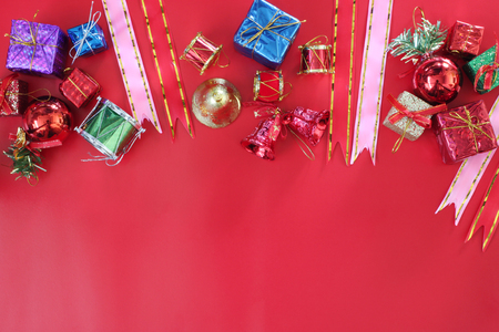 Christmas box decoration on the red floor.Top view and have copy space to design for your.の写真素材