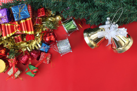 Christmas composition decoration on the red floor.Top view and have copy space to design for your.の写真素材