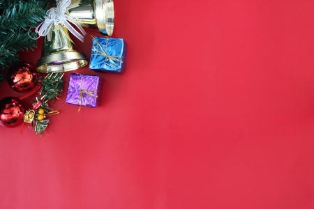 Christmas composition decoration on the red floor.Top view and have copy space to design for your.の写真素材