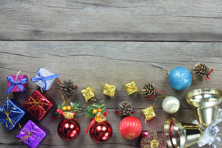 Christmas composition decoration on woodden floor.Top view and have copy space to design for your.の写真素材