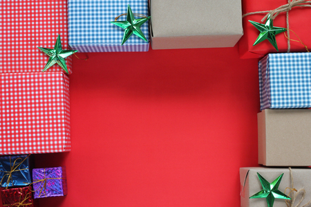 Concept gift box and christmas decorations.Top view and have copy space to for your design.の写真素材