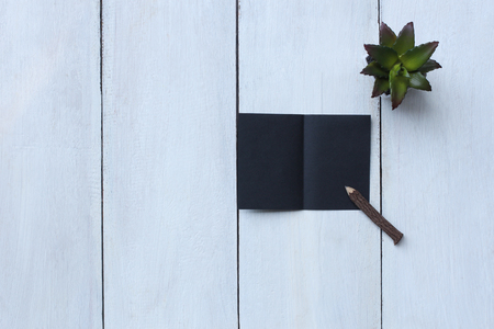 Top view black paper, pencil and flower pot on white wood floor and have copy space to for your design.の写真素材