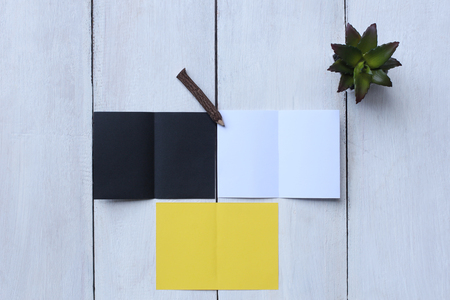 Top view yellow paper, white paper, black paper, pencil and flower pot on white wood floor and have copy space to for your design.の写真素材