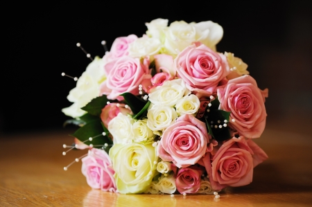 Brides pink and white flowers at weddingの写真素材