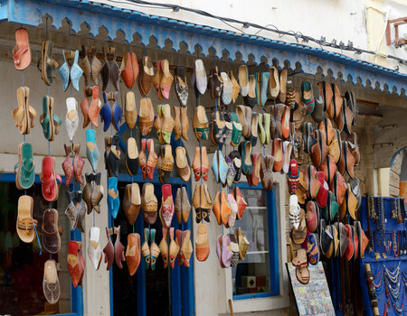 Morocco shop front selling colorful leather footwearのeditorial素材