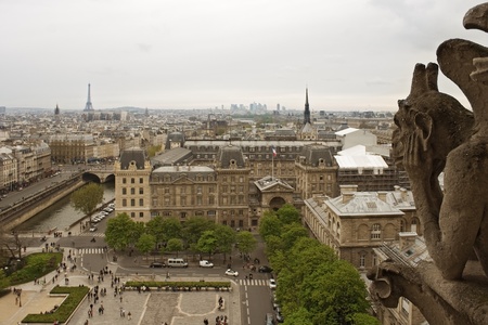 Notre Dame de Paris: Chimera overlooking the skyline of Paris at a cloudy dayのeditorial素材