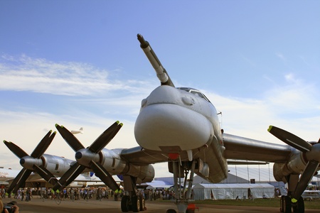 ZHUKOVSKY, RUSSIA - AUGUST 19: A Russian strategic bomber Tu-95 "Bear" on display at the Moscow Aerospace Show (MAKS-2011) on August 19, 2011 in Zhukovsky, Russia. Ty-95 the biggest bomber in the world. 
のeditorial素材