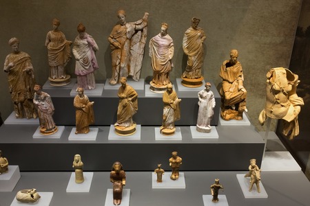 Ancient Corinth, Greece, September, 02, 2016. Ceramic figures in the museum. These art objects was created more than 2000 years ago.のeditorial素材