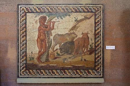 Ancient Corinth, Greece, September, 02, 2016. Mosaic in the museum. The mosaic from roman villa was...