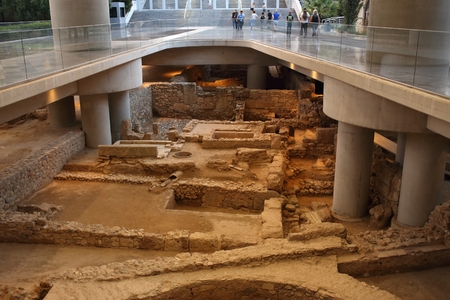 Athens, Greece, September, 11, 2016. Ancient greek ruins in Athens museum of Acropolis. They were excavated during erection of new museum builging.のeditorial素材