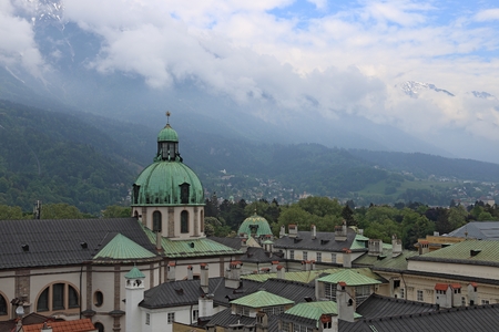 Panorama of Innsbruck city with Hofburg palace dome, Tyrol, Austriaの写真素材