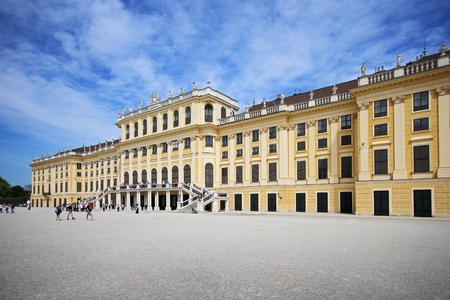 Vienna, Austria, April, 30, 2018. Tourists walk around the Royal Palace Schoenbrunn in Vienna, Austria. This Palace was the summer residence of Austrian Emperors.のeditorial素材