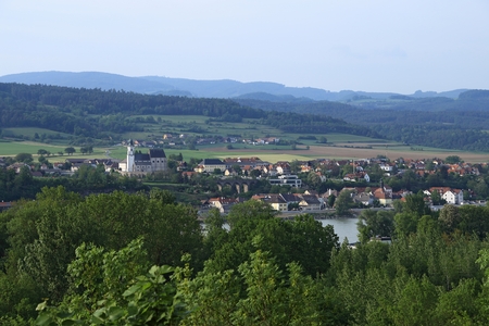 View from Melk Abbey garden - famous hilltop Benedictine monastery, Austria - to the Emmersdorf town and Donau riverの写真素材
