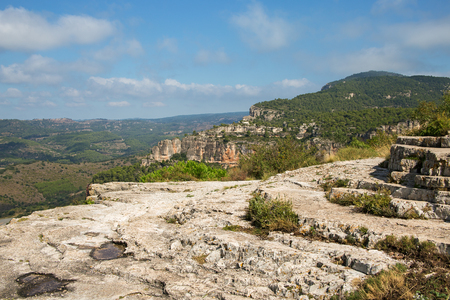 Landscape from a cliff at Siurana - a famous highland village Siurana of the municipality of the Cornudella de Montsant in the comarca of Priorat, Tarragona, Catalonia, Spain.の写真素材