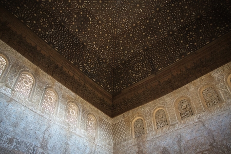 Granada, Spain - May, 4, 2019. Ceiling of Nasrid moresque palace of Alhambra. The palace is UNESCO World Heritage and the official number one travel destination of Spain.のeditorial素材