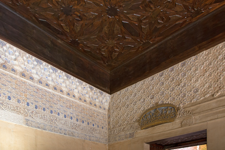 Granada, Spain - May, 4, 2019. Ceiling of Nasrid moresque palace of Alhambra. The palace is UNESCO World Heritage and the official number one travel destination of Spain.のeditorial素材