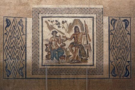 Cordoba, Spain - May, 7, 2019. Roman mosaic on display in Alcazar of Cordoba. This mosaic was...
