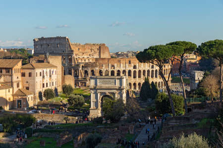Ruins of Roman forum with Colosseum on background , Rome, Italyのeditorial素材
