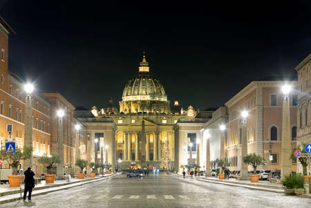 The Saint Peter cathedral of Vatican at night. The cathedral is one of the most famous travel distinations of the world and the largest catholic churchのeditorial素材