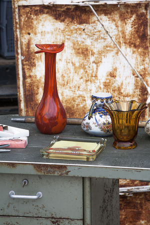 Second hand objects at a jumble sale in Franceの写真素材