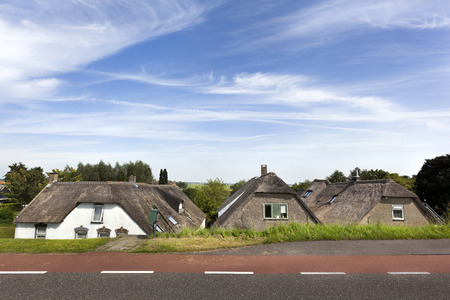 Dike and farmhouses along the river Lek in the Netherlandsの写真素材