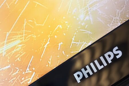 Rotterdam, Netherlands - October 9, 2019: Closeup of a Philips TV screen with brand nameのeditorial素材