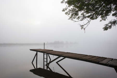 Jetty in the misty river Meuse in Geijsteren in the North of Limburgの写真素材