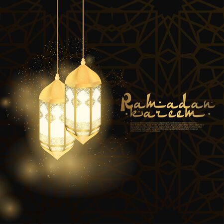 Ramadan Kareem islamic, illustration with ornament, lantern and golden sparklingのイラスト素材