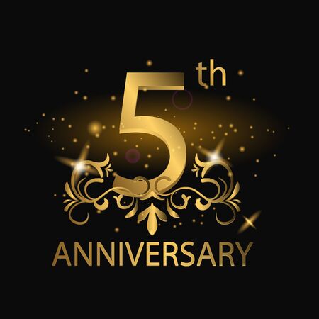 5th years anniversary celebration. 5th anniversary logo with gold color, foil, sparkleのイラスト素材