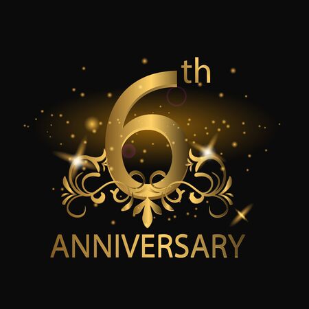 6th years anniversary celebration. 6th anniversary logo with gold color, foil, sparkleのイラスト素材