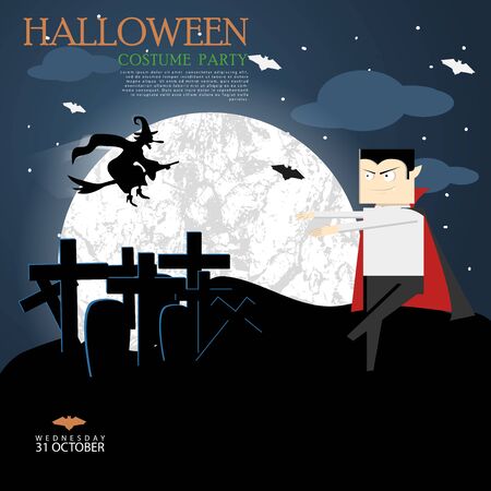 Halloween night background with full Moon, witch and dracula, illustrationのイラスト素材