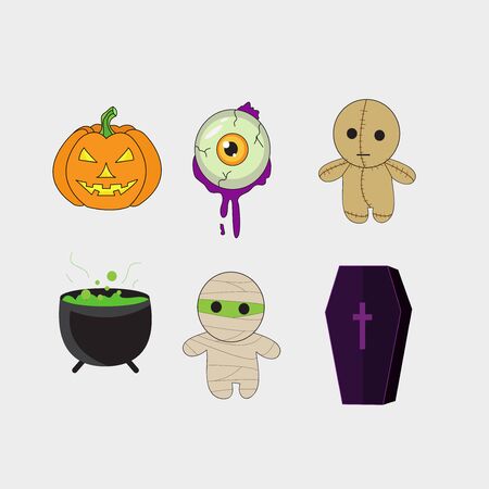 vector set with Halloween illustrations and icons, pumpkin, jack o' lantern, witch, bat, skull, ghost, black catのイラスト素材