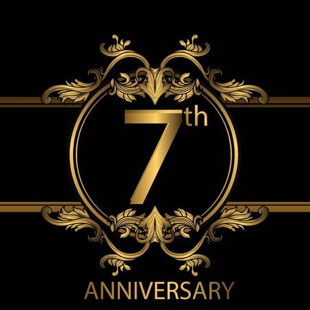7th years anniversary celebration. 7th anniversary logo with gold color, foil, sparkleのイラスト素材