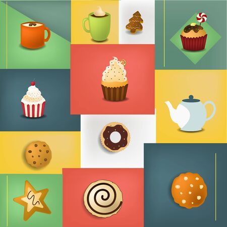 Set of Christmas cookies, Gingerbread, tea, cake. Collection of merry Christmas and New Year. vector illustration.のイラスト素材