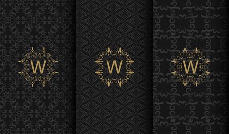 Set of packaging templates with design element ornament, label, logo. made with golden luxury flower on ornament backgroundのイラスト素材