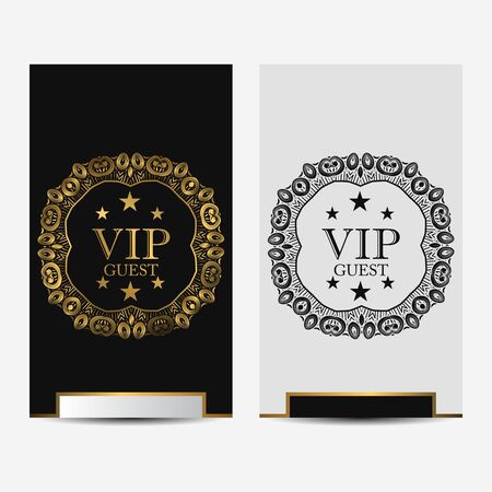 VIP party premium invitation card with luxury gold design. Black and golden design template. Decorative background with ornament patternのイラスト素材