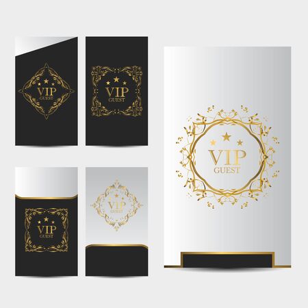 VIP party premium invitation card with luxury gold design. Black and golden design template. Decorative background with ornament patternのイラスト素材