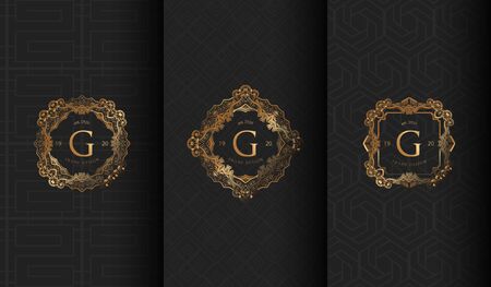 Set of packaging templates with design element ornament, label, logo. made with golden luxury flower on ornament backgroundのイラスト素材