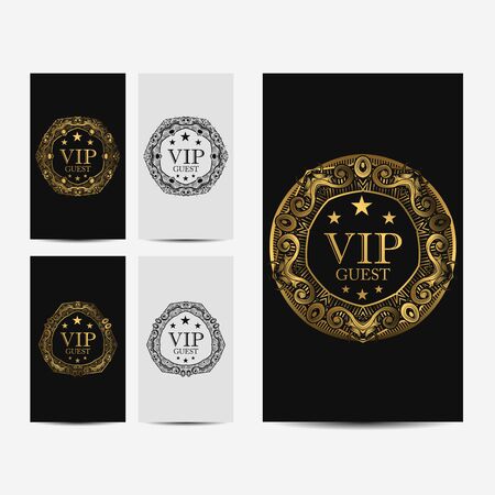 VIP party premium invitation card with luxury gold design. Black and golden design template. Decorative background with ornament patternのイラスト素材